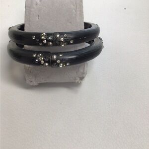 Alexis Bittar Stones Elegant Two Pieces Black Bangle with Silver Accents